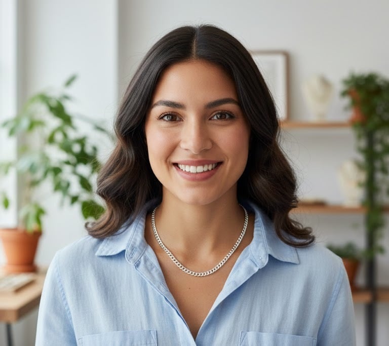 a woman in a blue shirt wearing permanent jewelry