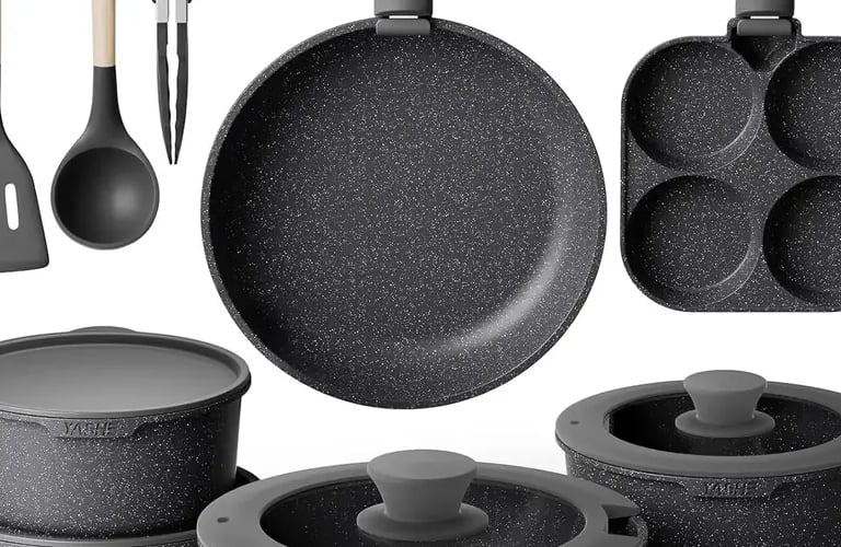 YASHE Batterie de cuisine 20 pièces, Revêtement antiadhésif, poignées amovibles, induction et four