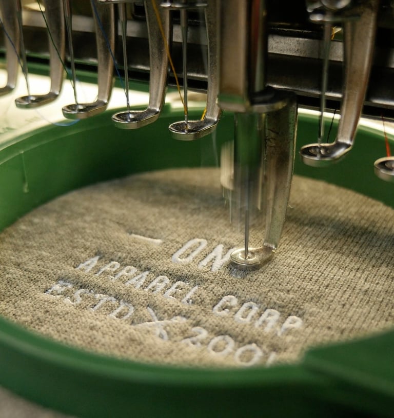 an embroidery machine in action, stitching a design onto fabric