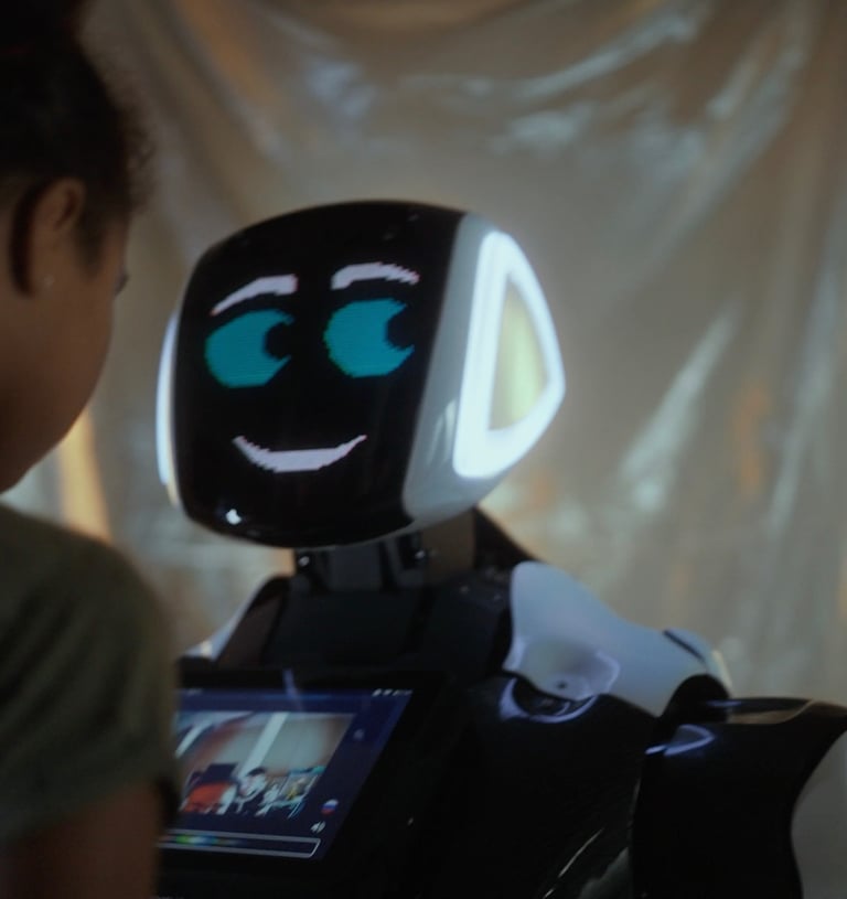 A young woman interacting with a robot 