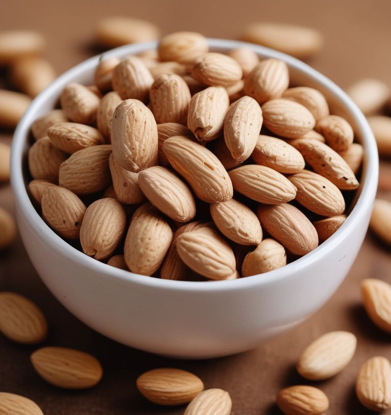 A white bowl filled with a mixture of nuts and dried fruits rests on a wooden surface. The nuts include almonds and walnuts, while the dried fruits appear to be dark in color, possibly raisins or similar. The combination creates a healthy and nutritious snack.