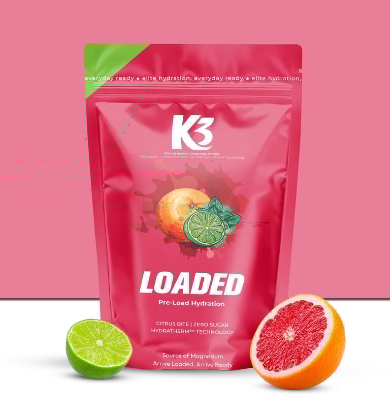 K3 Loaded pre-load hydration pouch, citrus flavour, zero sugar