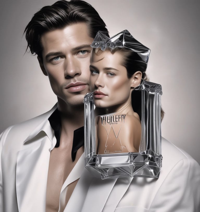 Two perfume bottles are placed on a white surface. One bottle is a triangular glass container with a pink liquid, labeled 'Prada'. The other is a rectangular bottle with a yellow liquid, labeled 'Chanel No. 5'. Both bottles have elegant and classic designs, showcasing luxury brands.