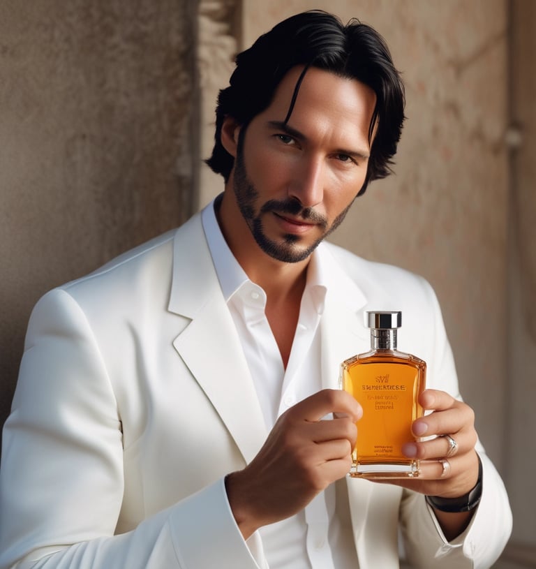 A black perfume bottle with Arabic writing on the label, placed against a dark background. The bottle has a sleek, modern design with a reflective surface. There appears to be a string of black beads with white accents partially visible next to the bottle.