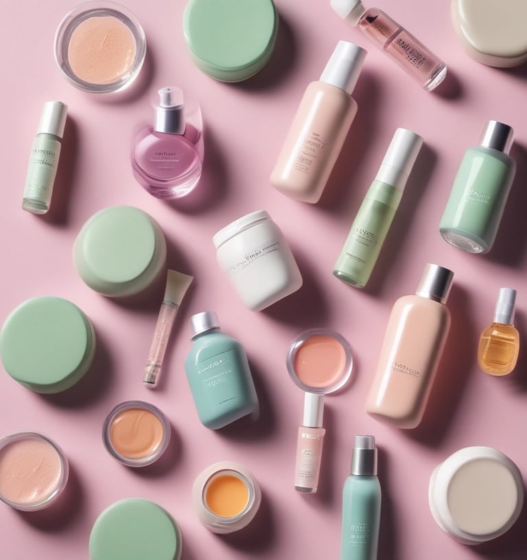 An elegant display in a store features an array of beauty products, including body creams and lotions, set on a wooden table. The product packaging is in shades of pink and peach. A decorative vase with bamboo sticks and rose petals is placed among the products. Advertisements for a new limited edition line are visible, with a poster featuring a woman in a flowing dress. Shelves filled with various skincare products line the walls in the background.