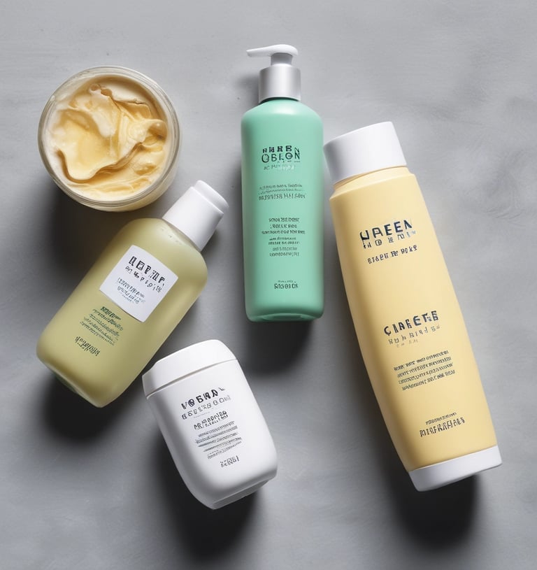 A selection of beauty products is arranged on a marble surface. On the left, two tubes of lotion are displayed, both featuring elegant cursive branding. In the center, an intricately designed perfume bottle with a stylish dress motif is prominently featured. To the right, makeup brushes with shiny metallic handles stand upright in a sleek holder. A black mascara tube lies in the foreground. The composition is accentuated by soft natural light and subtle shadows.