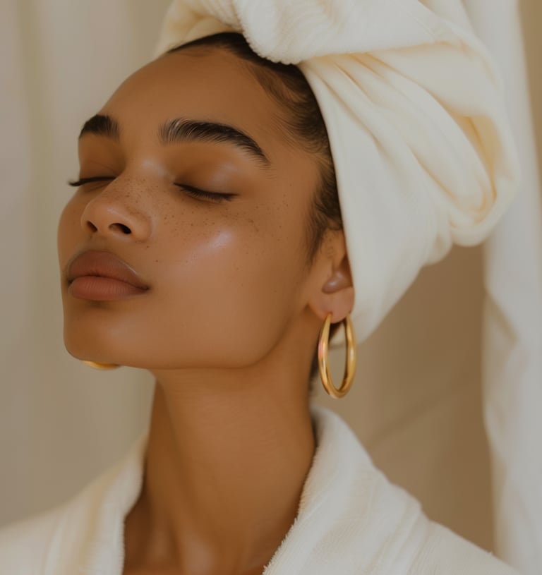 A woman with glowing skin and freckles wearing a white spa bathrobe and head towel wrap.