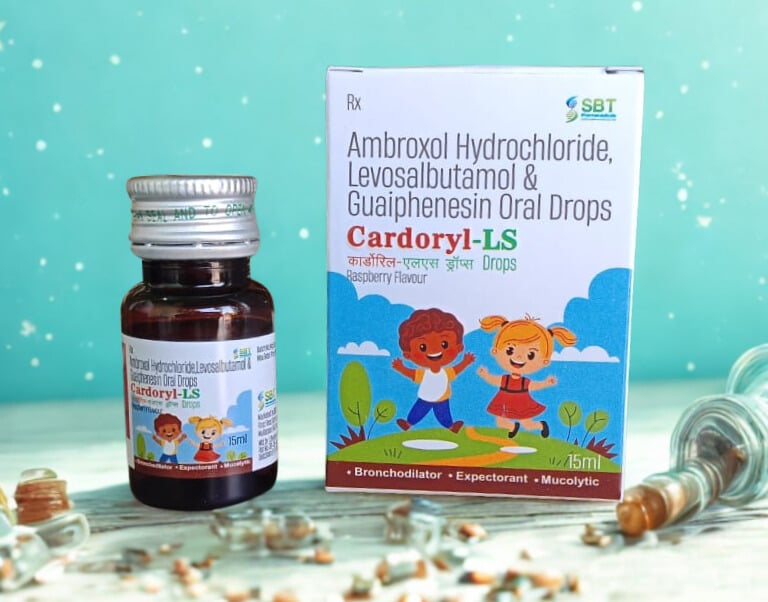 Cardoryl-LS pediatric oral drops bottle and packaging with Ambroxol, Levosalbutamol and Guaiphenesin