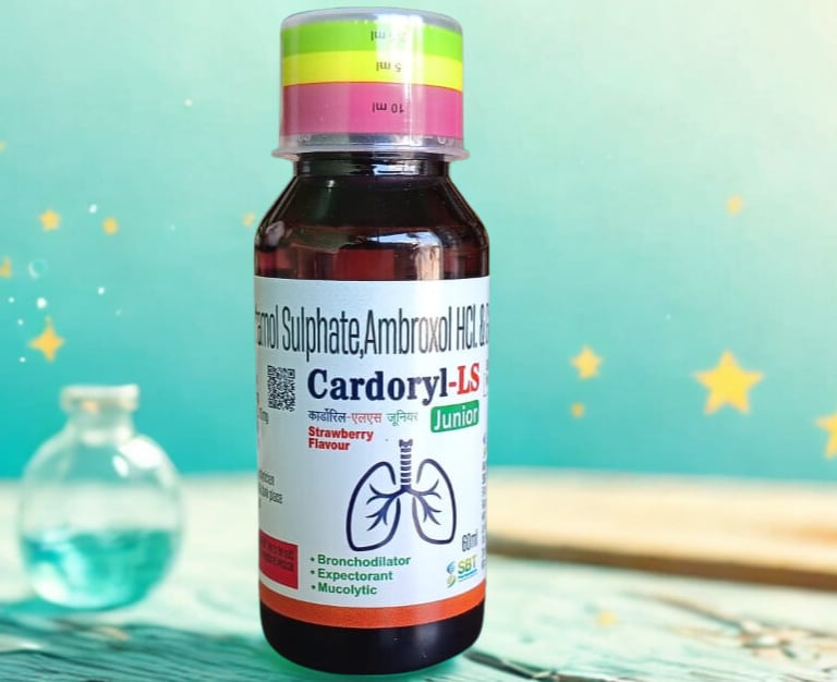 Cardoryl-LS Junior cough syrup bottle with strawberry flavor for pediatric respiratory care