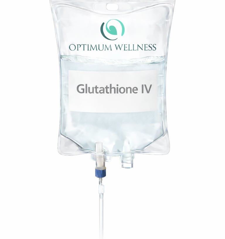 Glutathione IV drip bag from Optimum Wellness for antioxidant therapy and skin brightening.