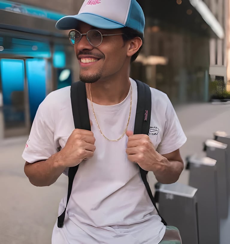 Close-up of a man wearing a blue baseball cap and glasses, smiling, embodying personalized guidance 