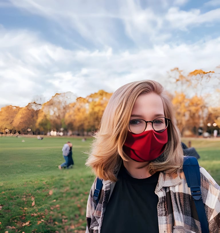 Woman with a red face mask standing in a park, representing the diverse global opportunities