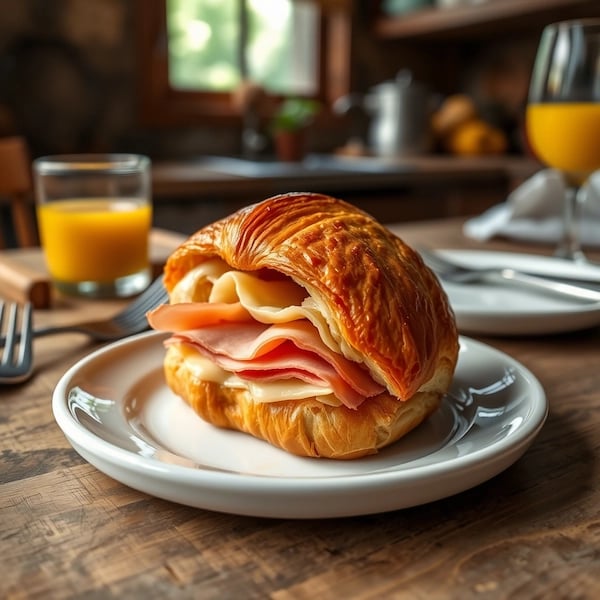 a sandwich sandwich on a plate with a glass of orange juice