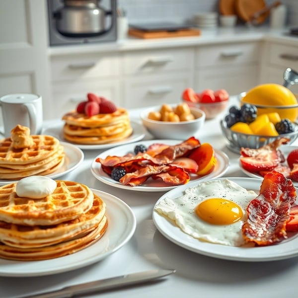 a table with breakfast foods and a cup of coffee