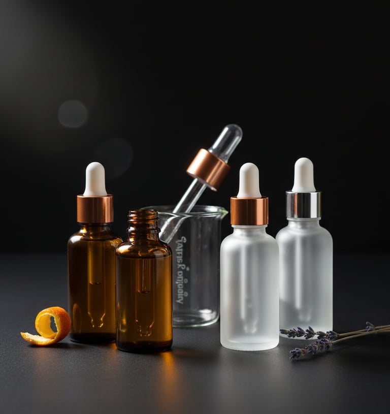High-purity botanical essential oils in sleek amber and frosted dropper bottles with hints of lavend