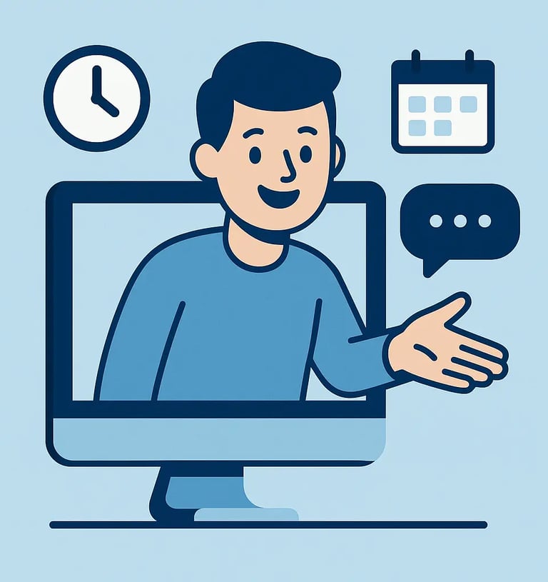 Asesor virtual ofreciendo atención en línea desde una pantalla de computadora, con íconos de reloj y