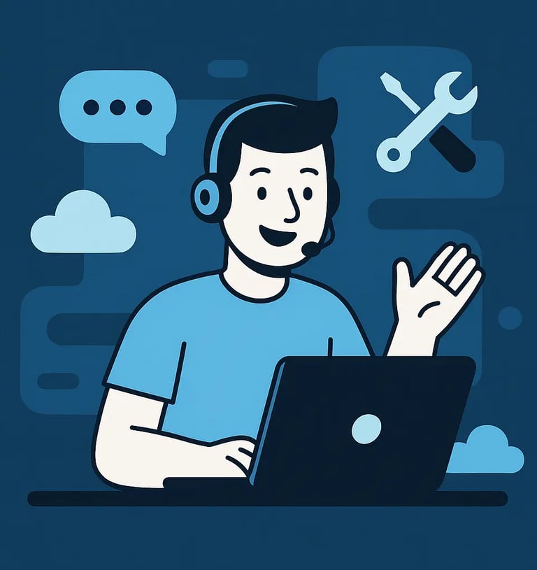 Agente de soporte técnico con auriculares brindando asistencia en línea desde una laptop, con íconos