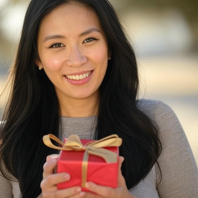 a woman holding a red present box, elevate your brand