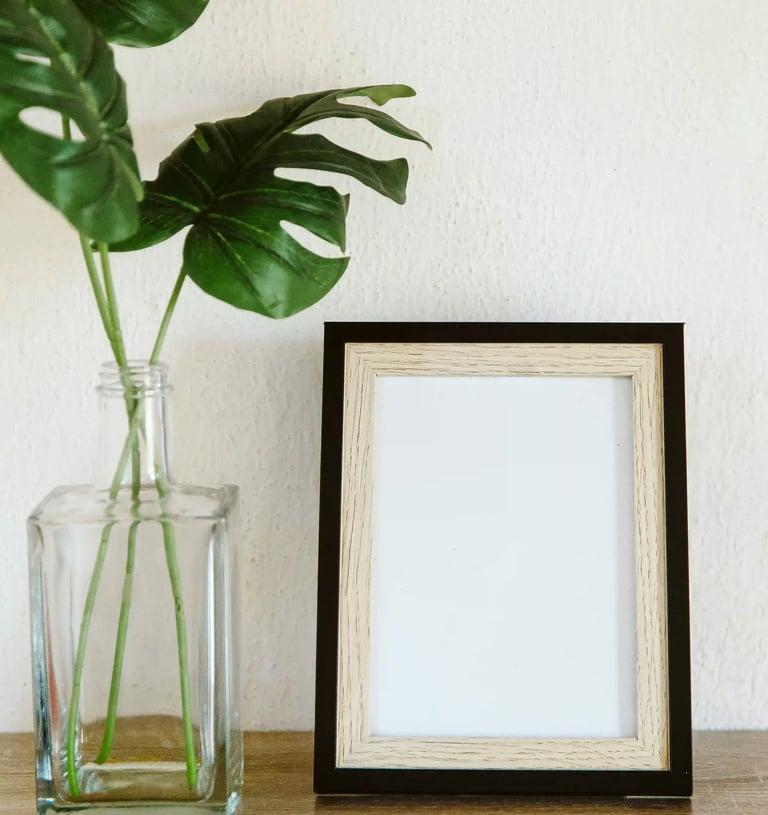 Empty picture frame with plant in vase beside it symbolizing perspective, everyday essentials