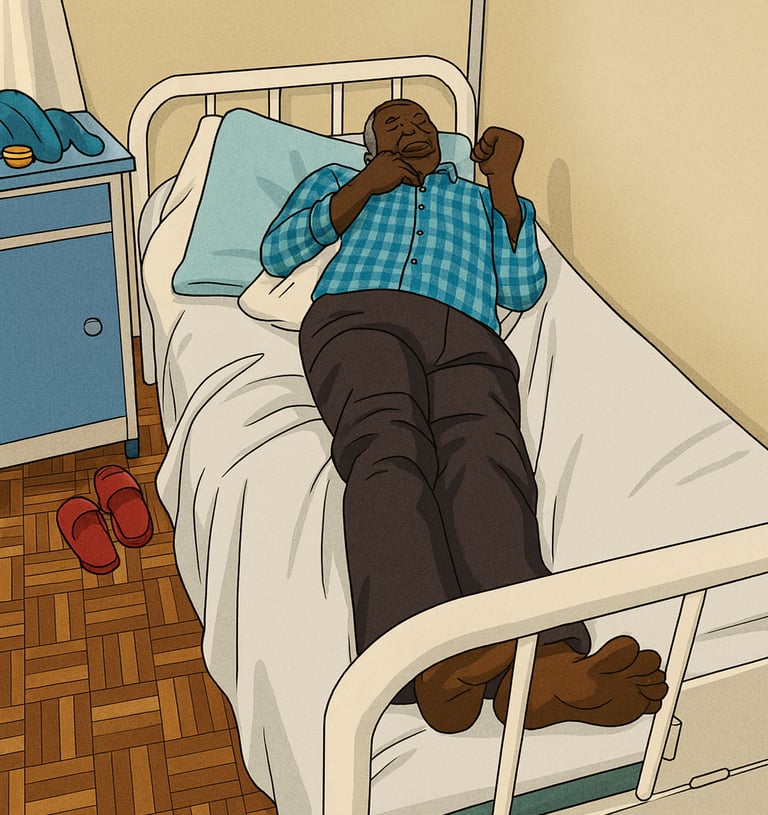 a man laying on a bed in a hospital room