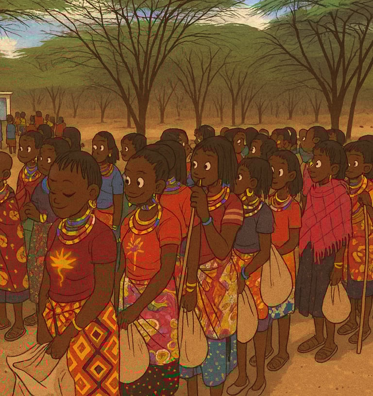 a group of people standing in a line of people