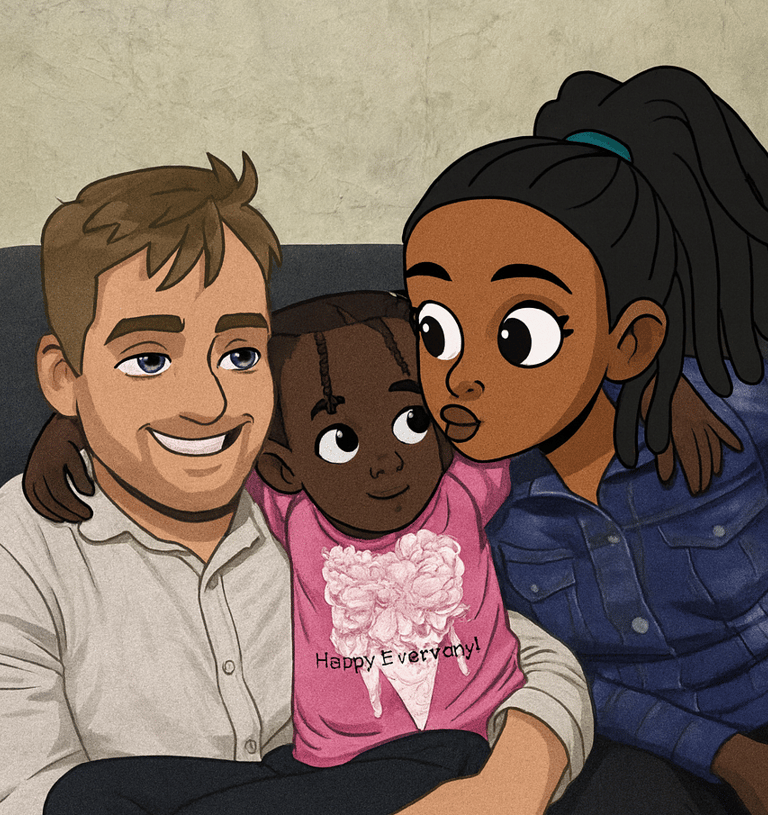 a cartoonish picture of a man and a woman sitting on a couch