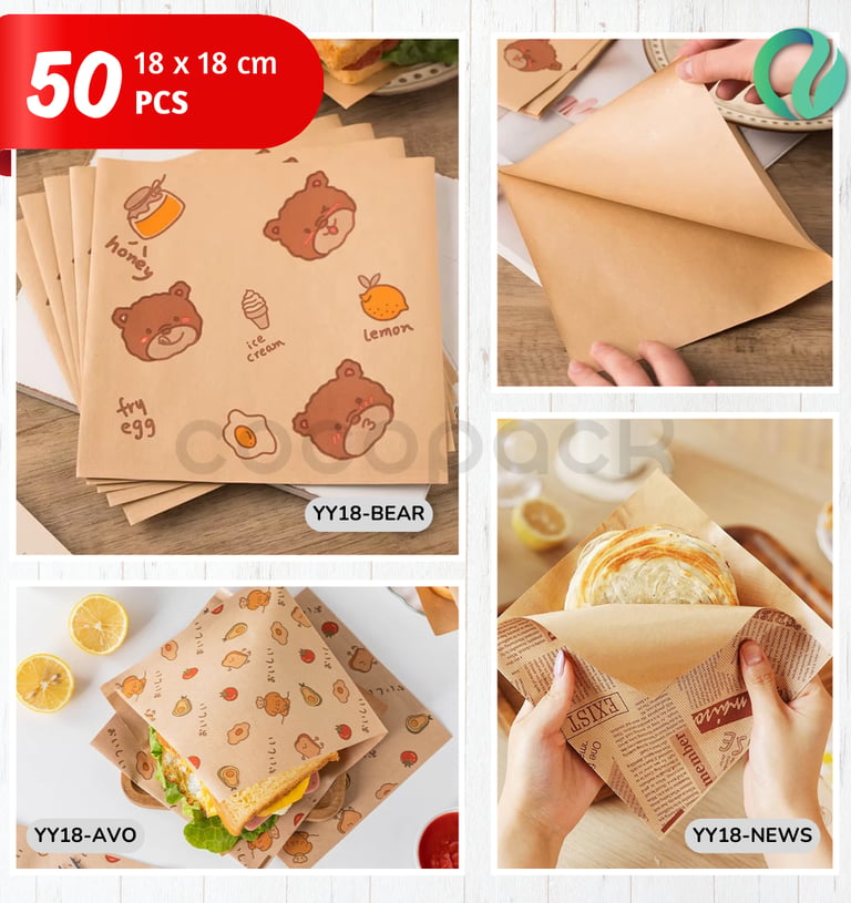 A 50 pack of 18x18cm decorative greaseproof paper sheets for food packaging featuring cute bear and avocado prints.