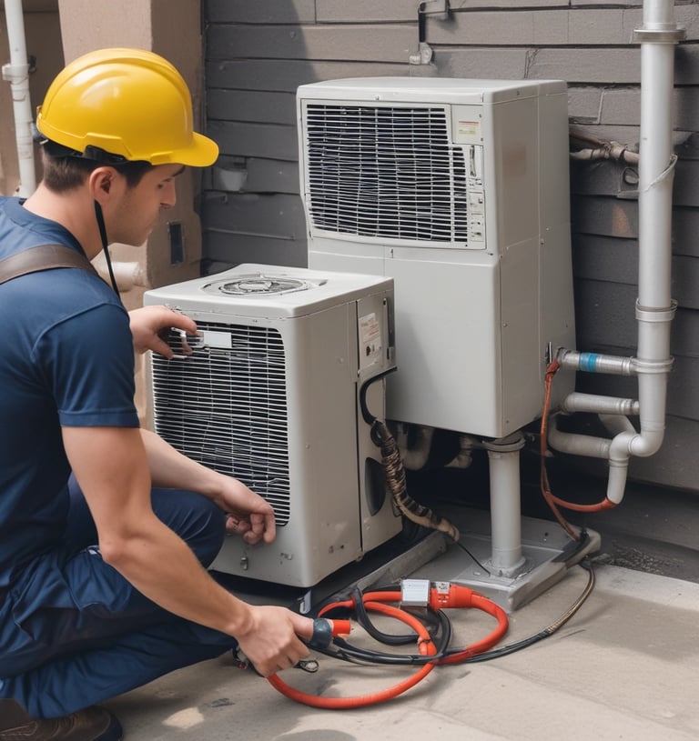 An air conditioning unit being installed in a commercial space.