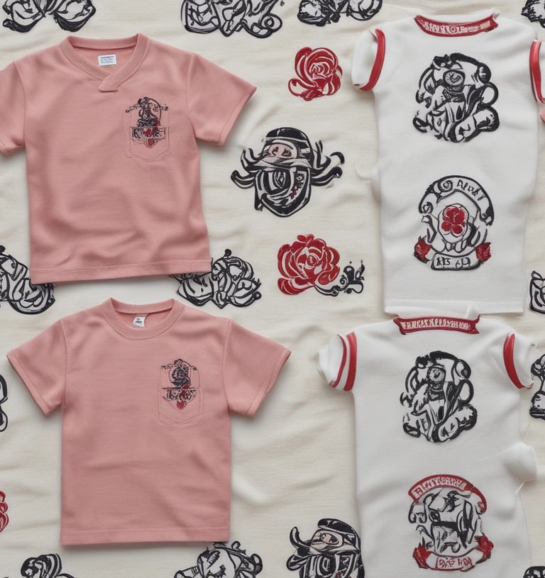 An assortment of embroidered work uniforms on a table.