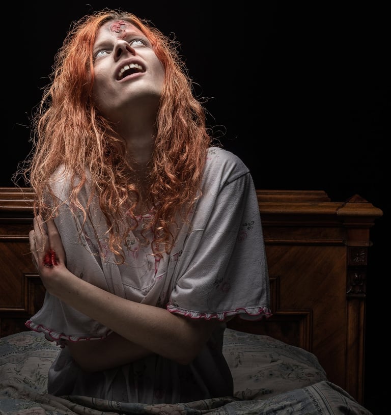 Possessed girl looking up representing the Possessed Edition of Trivia from the Grave