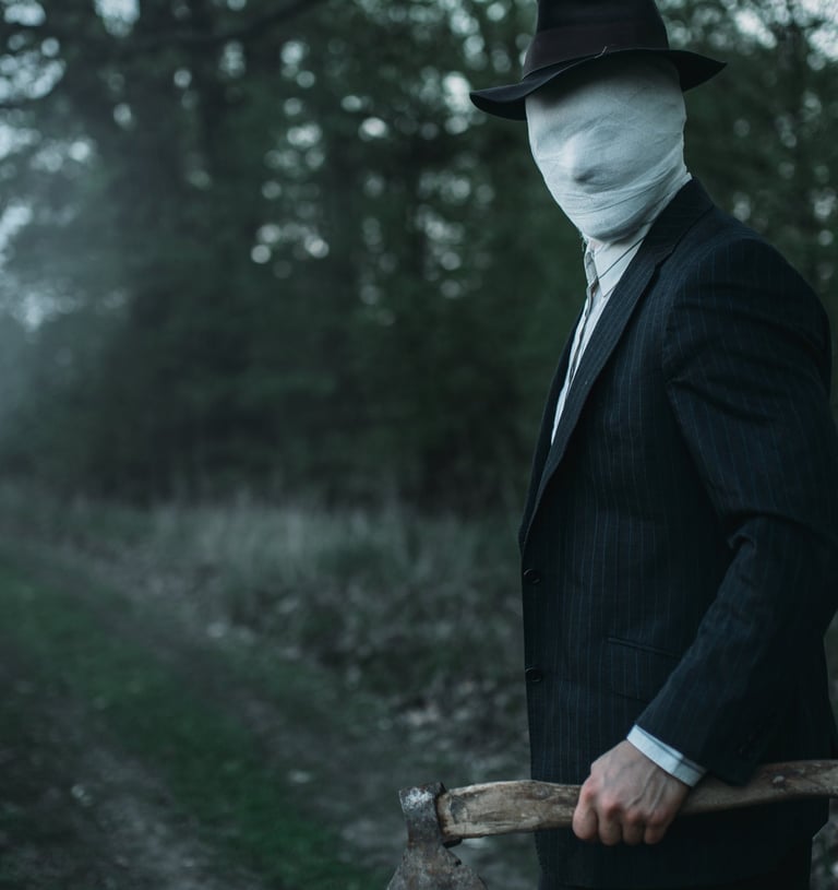 Faceless man holding an axe representing the Serial Killer Edition of Trivia from the Grave