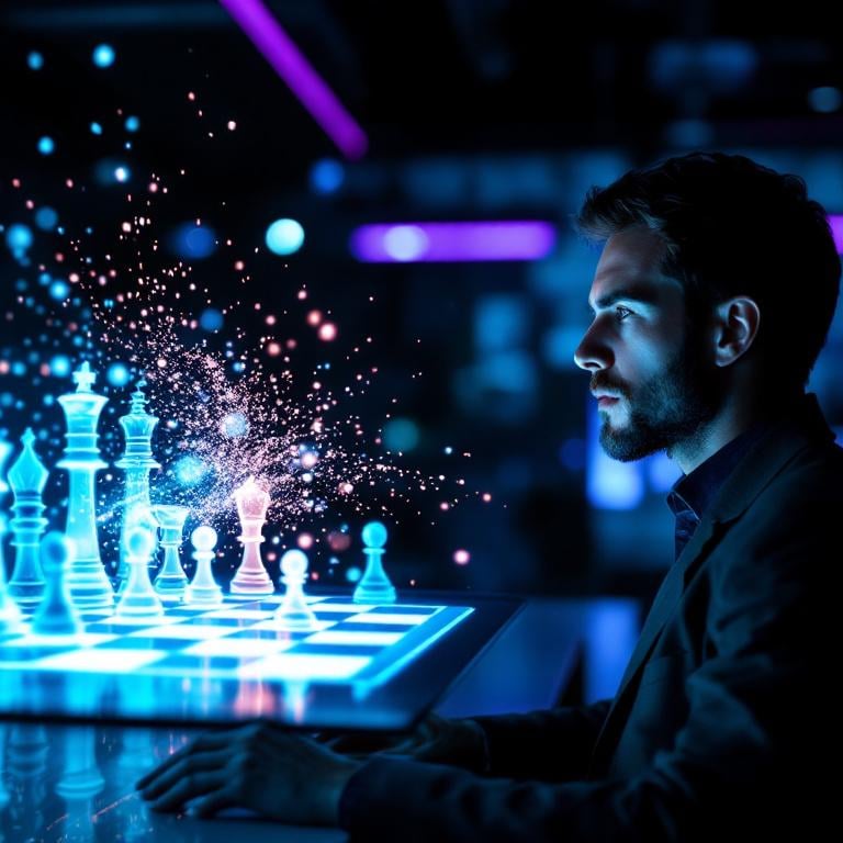 Arquitecto de software dirige una IA representada como un tablero de ajedrez holográfico que genera código..