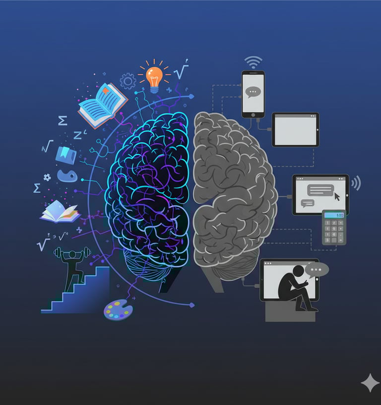 Cerebro dividido: lado activo con redes neuronales vs lado pasivo conectado a dispositivos digitales.