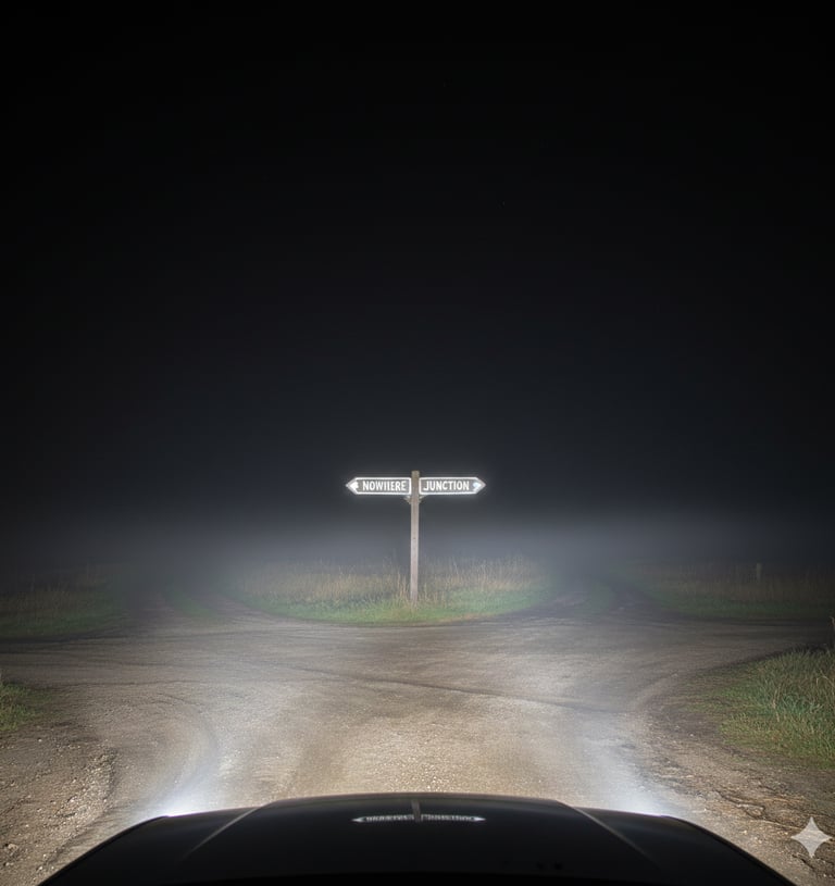 Es de noche y en un cruce de caminos los faros de un coche iluminan señales que no aclaran el camino a seguir.