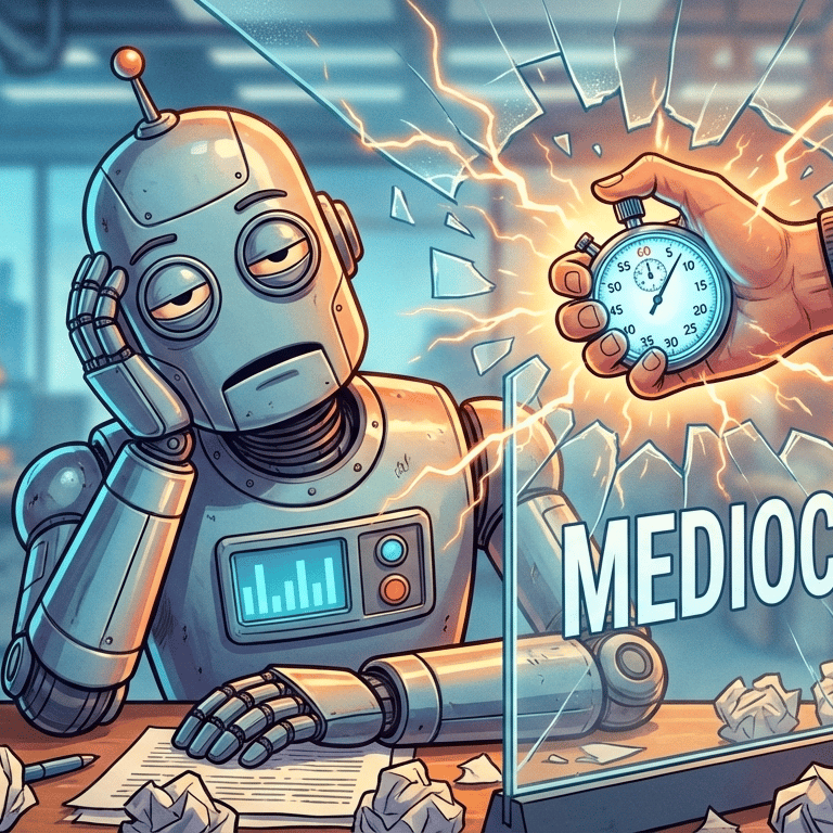 Robot aburrido siendo despertado por una mano humana con un cronómetro, rompiendo un cristal que dice "MEDIOCRE".