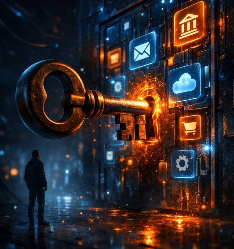 Llave digital abriendo accesos a apps personales simbolizando los riesgos de seguridad de los agentes de IA.