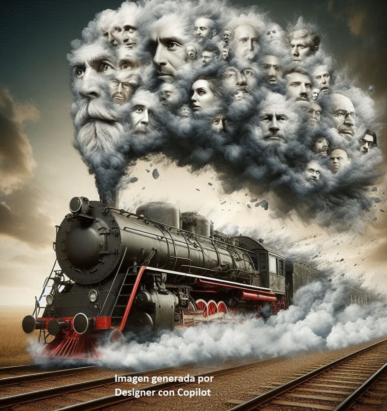 Una locomotora de vapor va a toda velocidad y en el humo que genera hay un montón de rostros de personas diferentes.