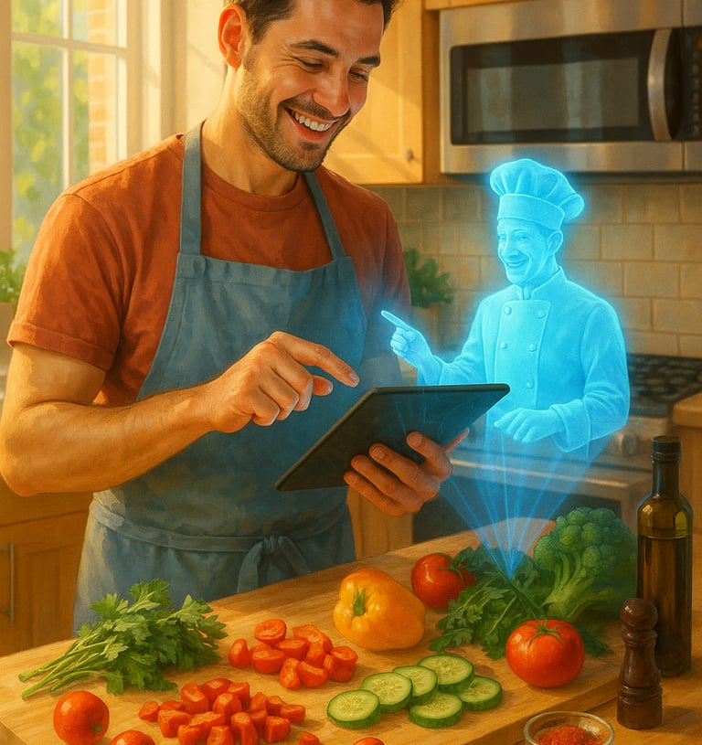Persona usando aplicación de IA culinaria en tablet con asistente virtual holográfico en una cocina moderna.