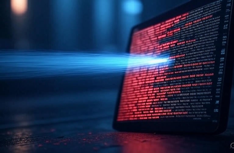 Luz de un escáner de IA revela código malicioso oculto entre las líneas de un texto digital.