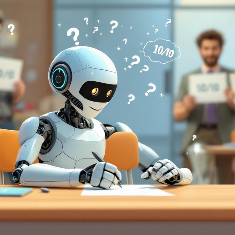 Robot IA respondiendo examen con confianza mientras ideas falsas flotan en burbujas sobre su cabeza