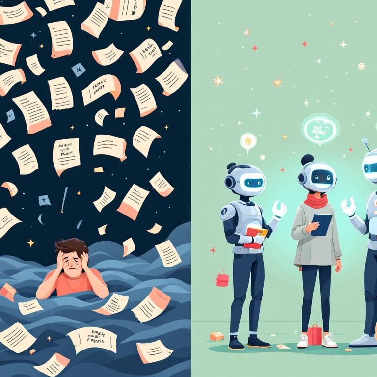 Ilustración comparativa: caos de prompts genéricos vs organización con agentes de IA personalizados