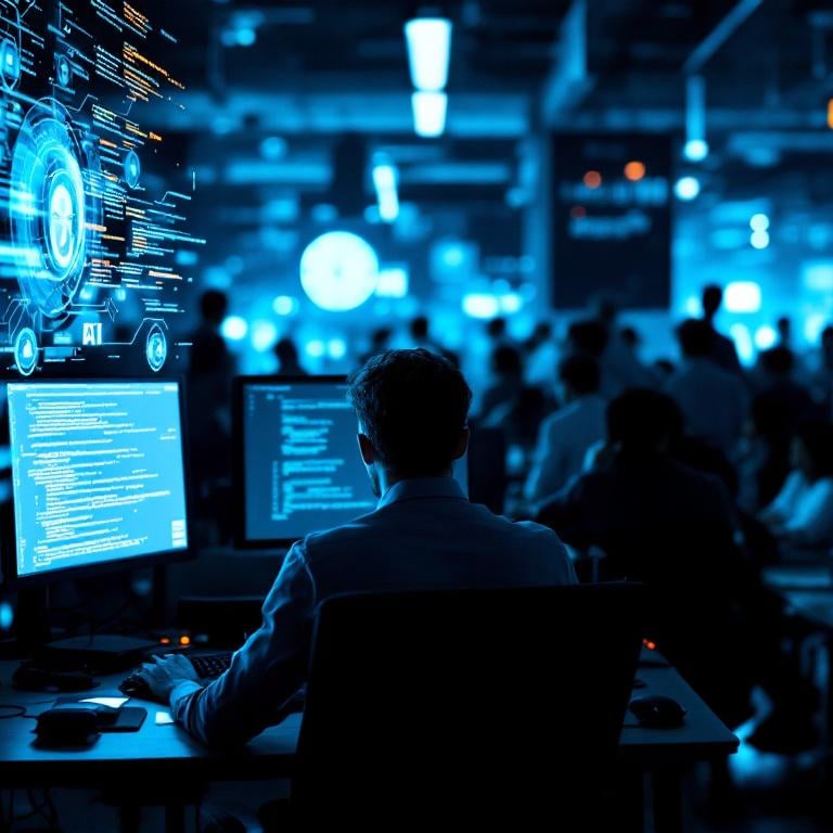 Programador reflexivo frente a pantallas con IA, representando incertidumbre ante transformación.