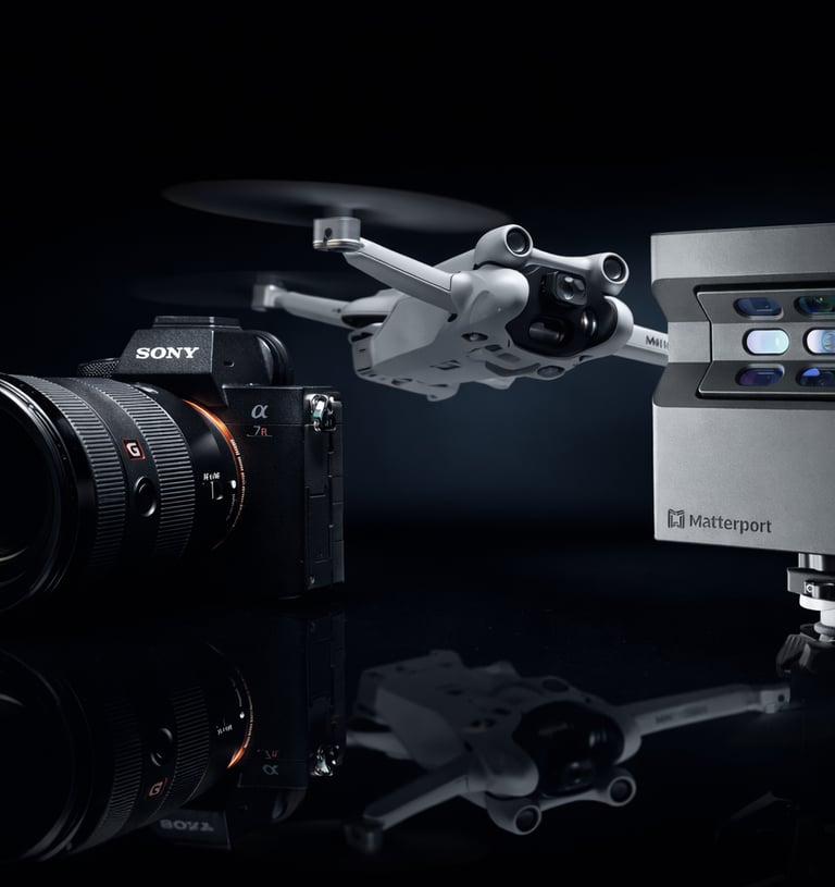 Professional photography equipment featuring a Sony Alpha camera, DJI drone, and Matterport 3D scanner.