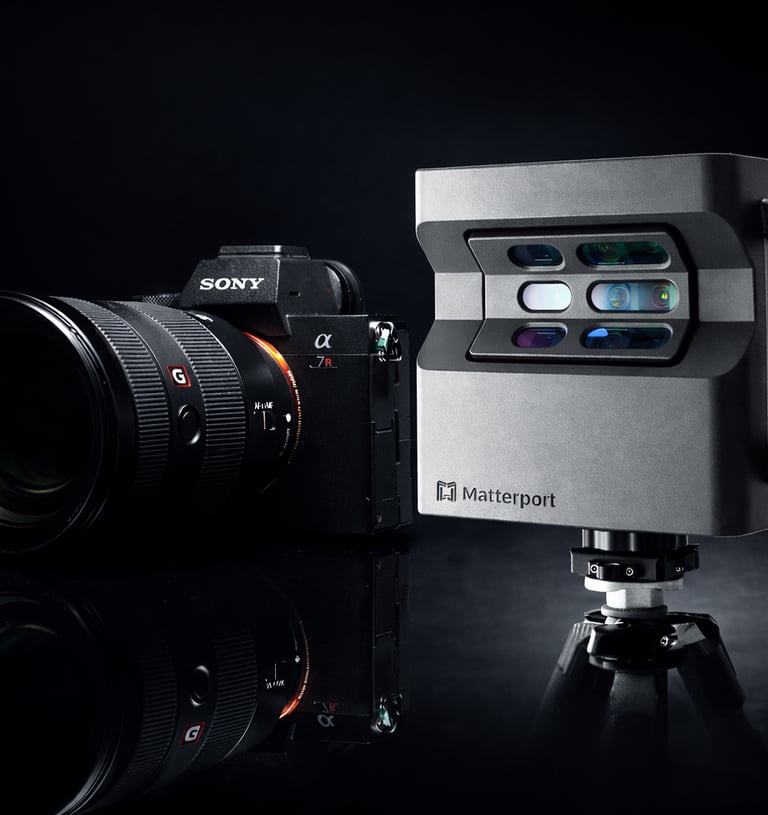 Matterport Pro2 3D camera and Sony Alpha 7R IV mirrorless camera for professional real estate photography.