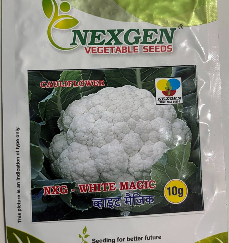 Nexgen White Magic cauliflower seeds packet featuring a fresh white cauliflower head.
