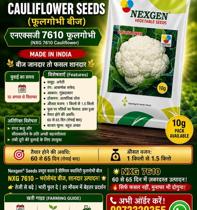 Nexgen NXG 7610 cauliflower seeds packet featuring a fresh white cauliflower head with green leaves.
