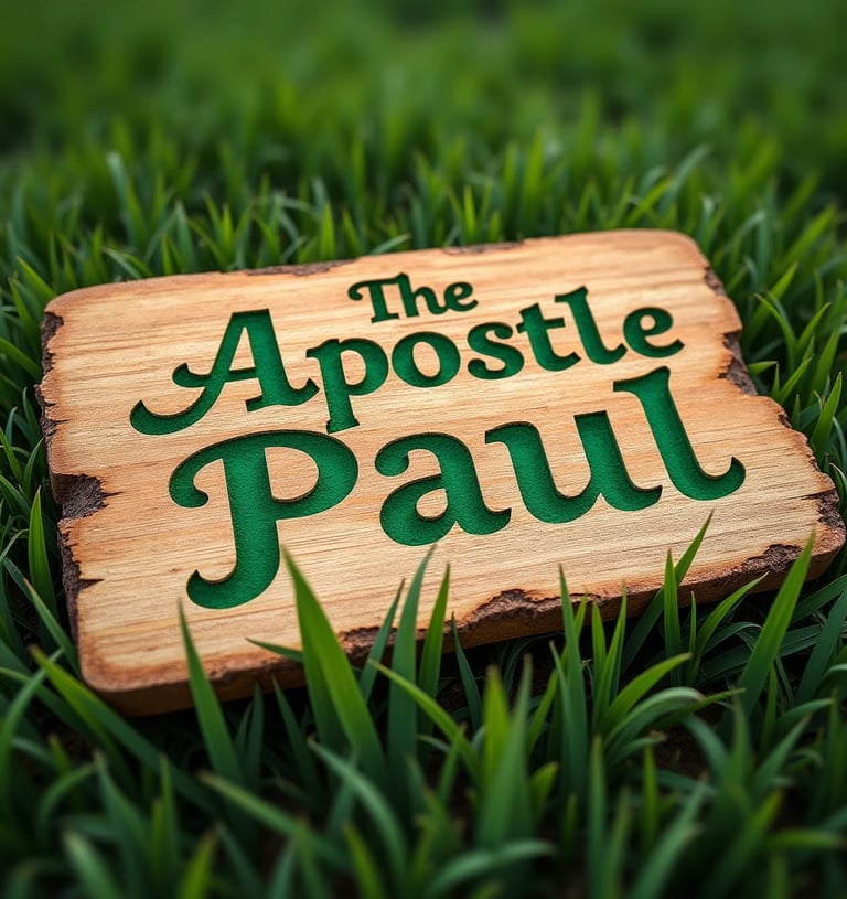 The Apostle Paul carved into a piece of wood on a grassy field.