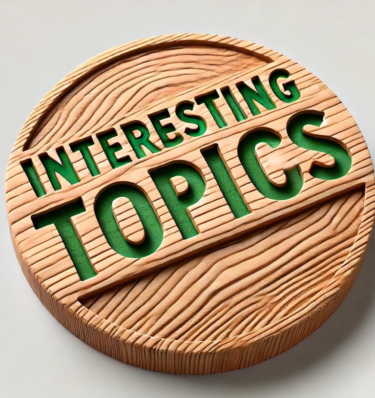 Interesting Topics carved into a circular piece of wood.