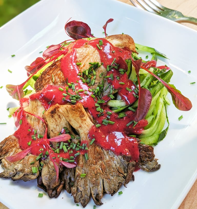 Five-Spice Oyster Mushroom on Cucumber Noodles with Superfood Berry Drizzle.