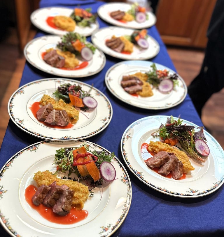 Seared duck, microgreens, truffled root mash Portland private chef business dinner party gluten-free